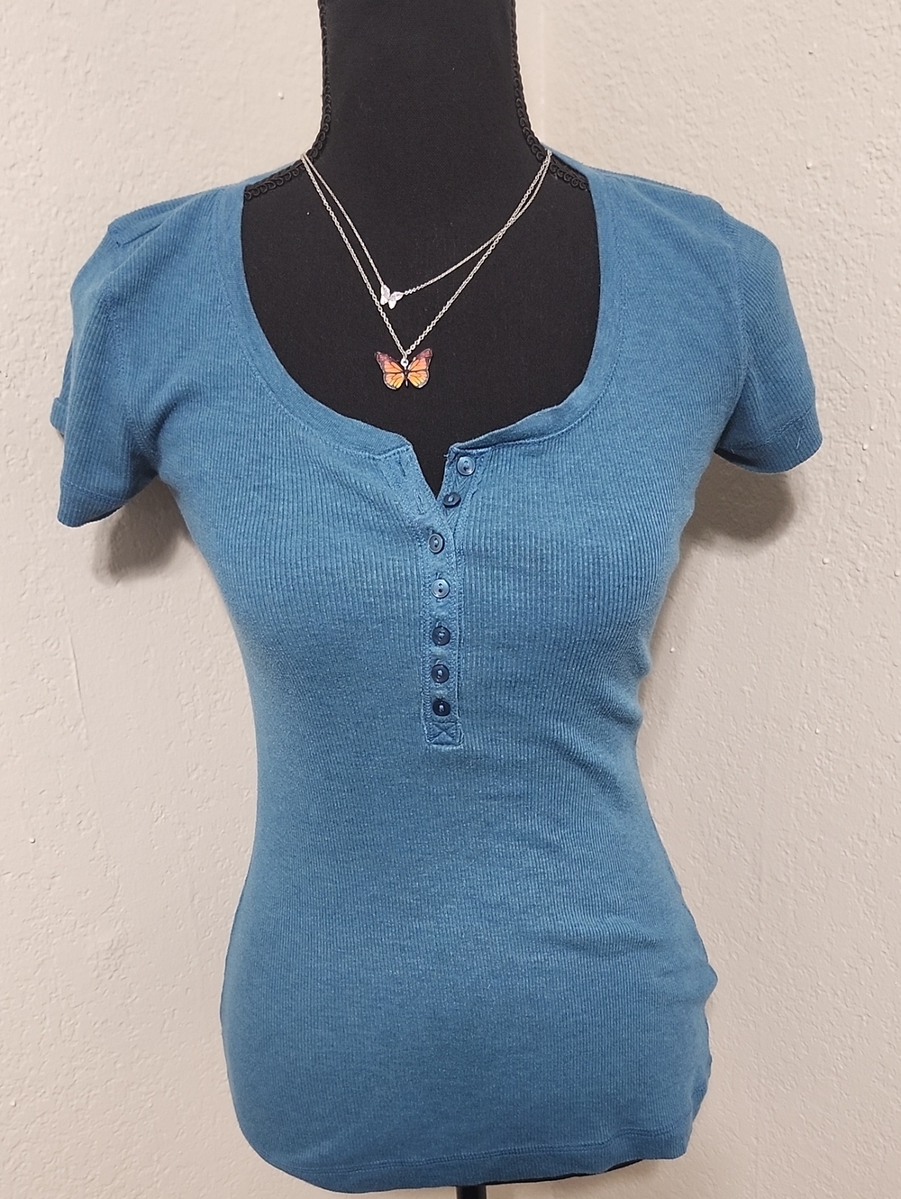 Vintage Mudd Blue Ribbed Henley Tee Sz Small Y2K Style Grudge Fairy Baby Tee